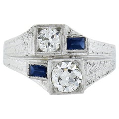 Vintage Art Deco White Gold GIA Dual Diamond & Sapphire Moi et Toi Engraved Ring