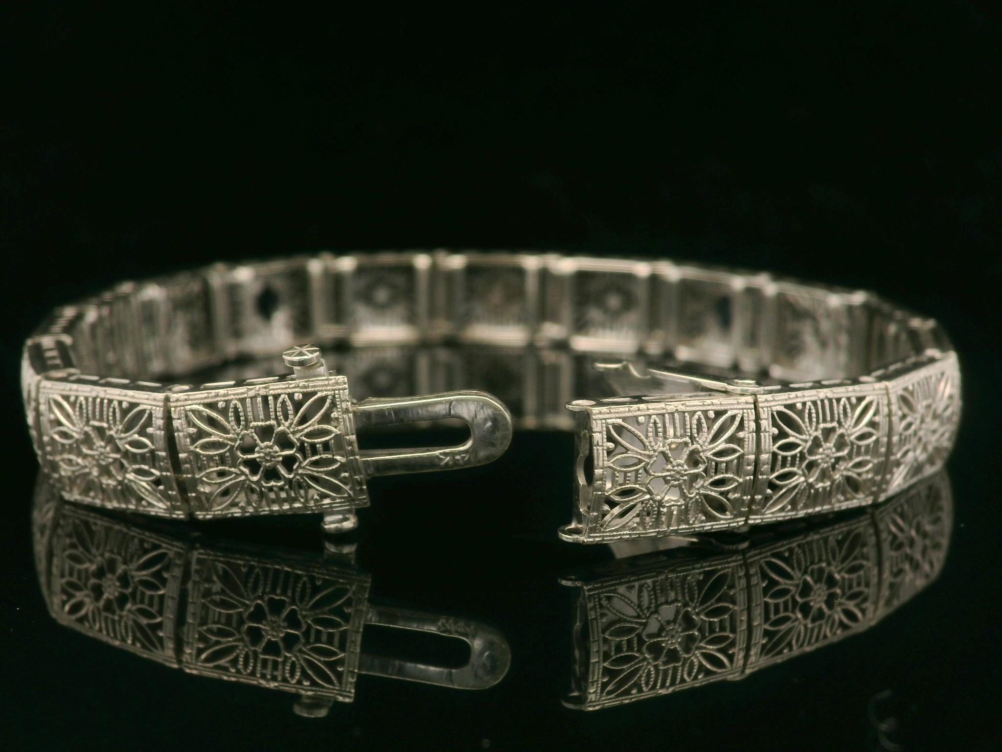 Single Cut Antique Art Deco White Gold Old Diamond & Sapphire Flower Filigree Line Bracelet For Sale
