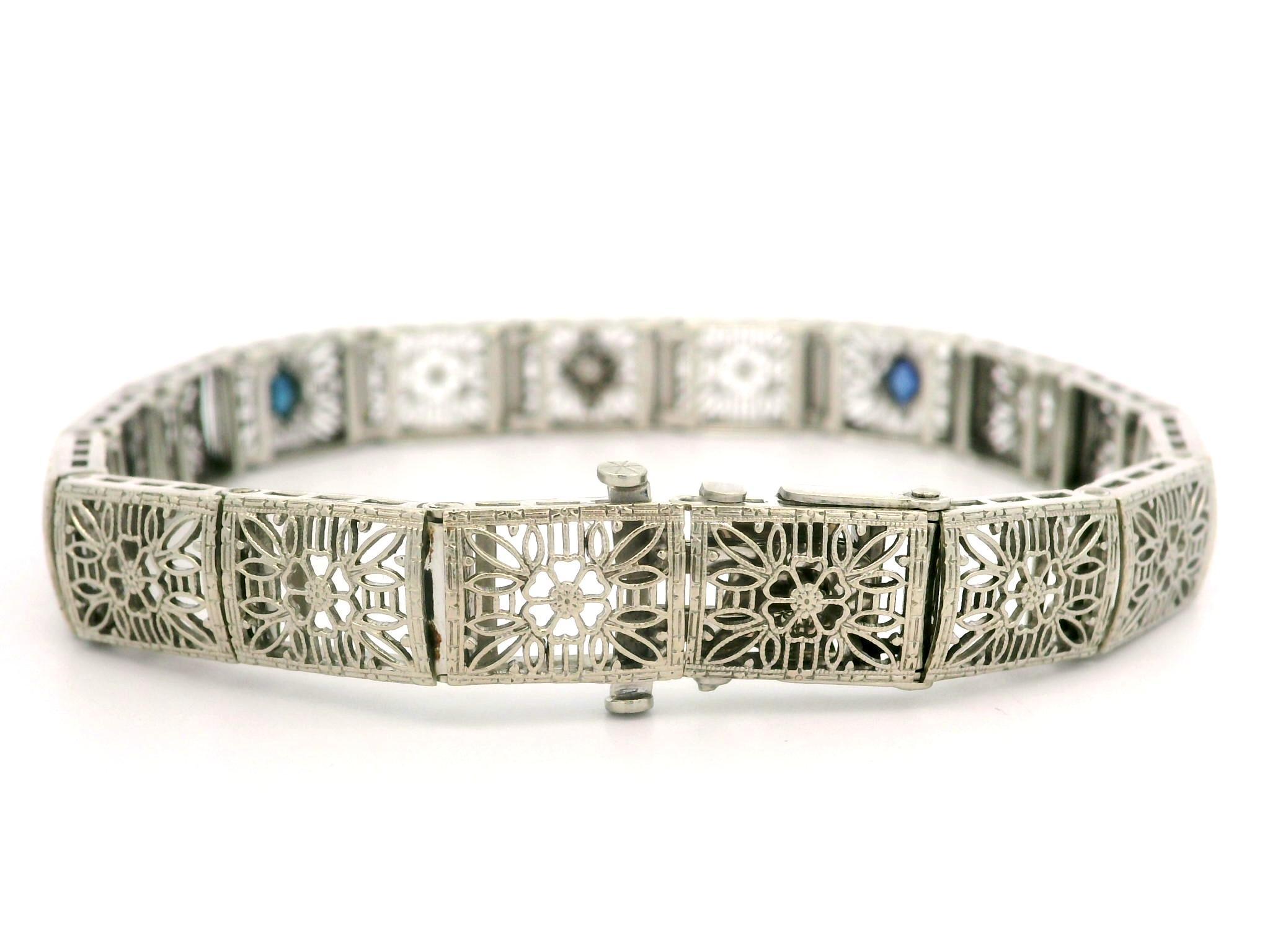 Women's Antique Art Deco White Gold Old Diamond & Sapphire Flower Filigree Line Bracelet For Sale