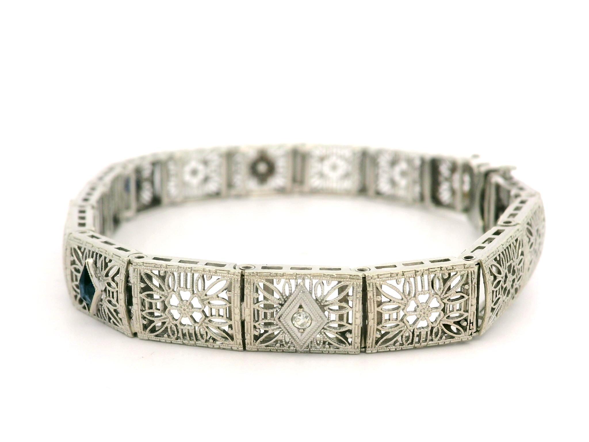 Antique Art Deco White Gold Old Diamond & Sapphire Flower Filigree Line Bracelet For Sale 1