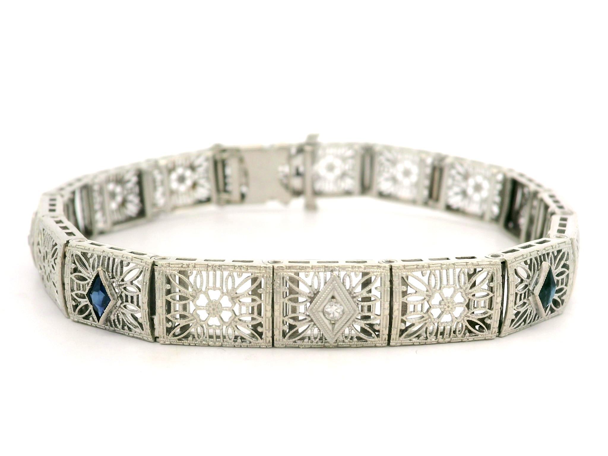 Antique Art Deco White Gold Old Diamond & Sapphire Flower Filigree Line Bracelet For Sale 2