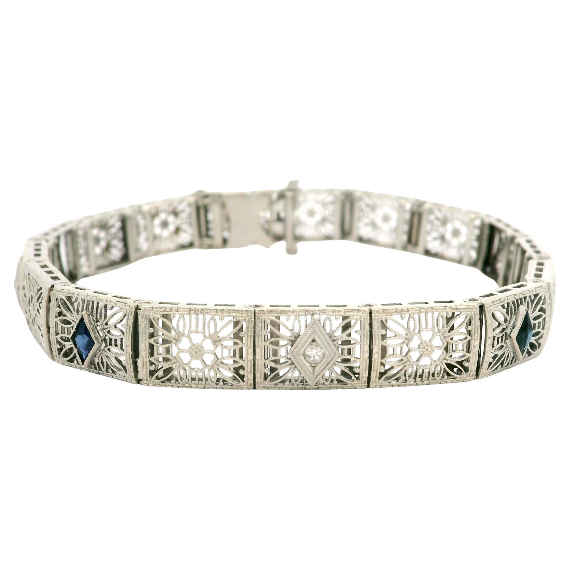 Antique Art Deco White Gold Old Diamond & Sapphire Flower Filigree Line Bracelet