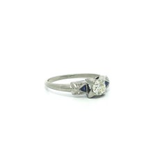 Antique Art Deco White Gold Old Diamond w/ Trillion French Cut Sapphire Ring