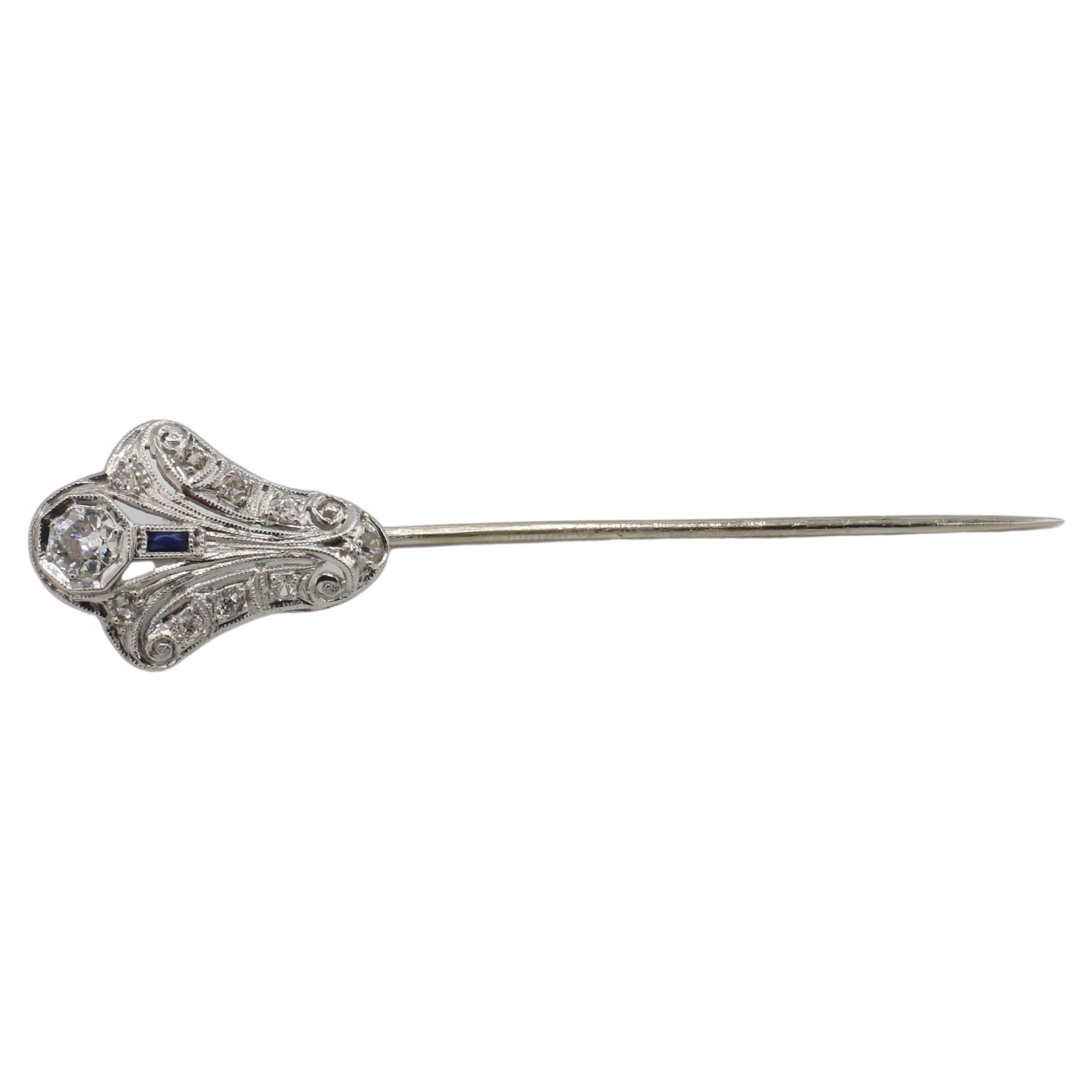 Antique Art Deco White Gold Old European Cut Natural Diamond Stick Pin Brooch
