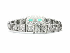 Antique Art Deco White Gold & Platinum Diamond w/ Green Stones Filigree Bracelet