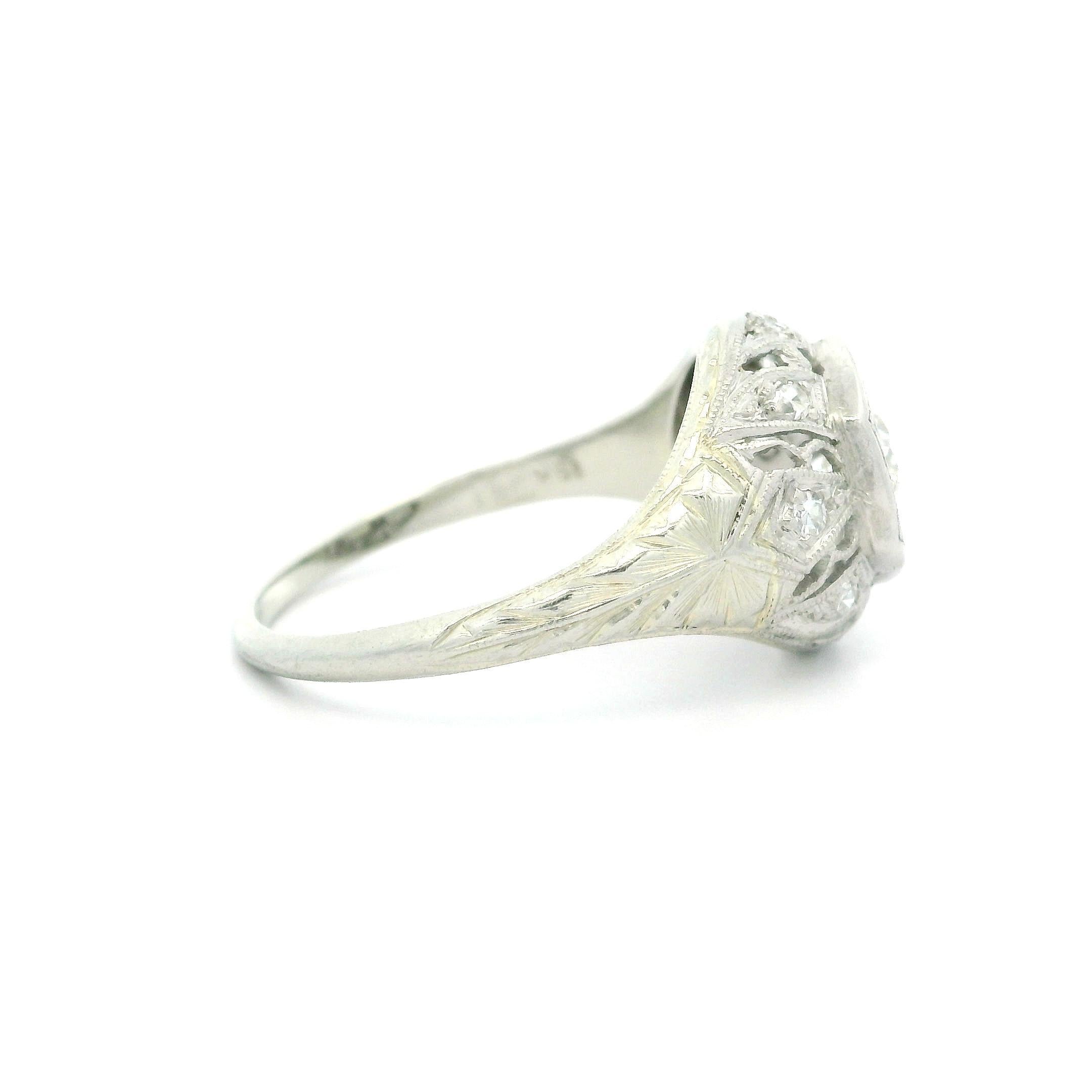Antique Art Deco White Gold & Platinum Old Cut Diamond Filigree Engraved Ring For Sale 5