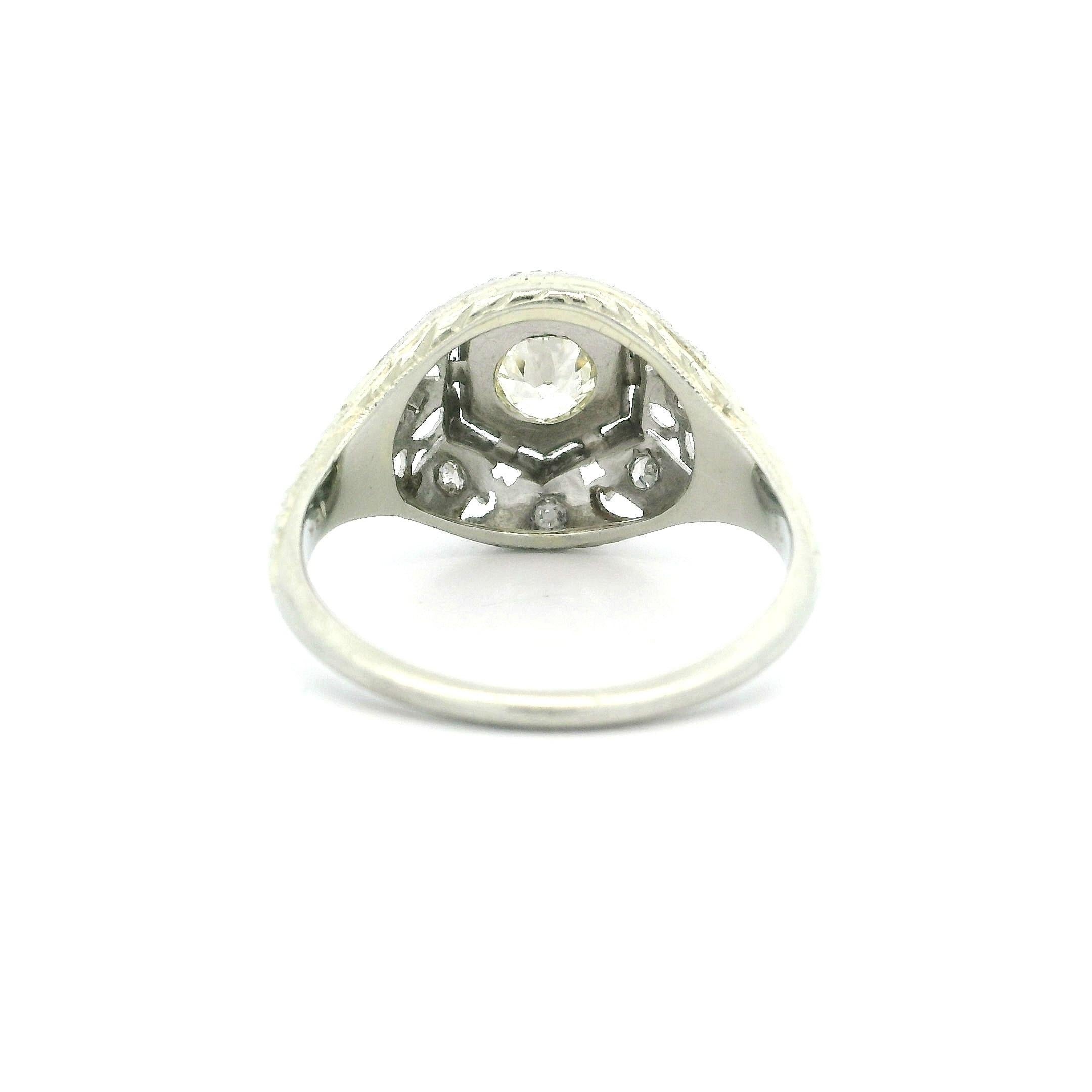 Antique Art Deco White Gold & Platinum Old Cut Diamond Filigree Engraved Ring For Sale 6