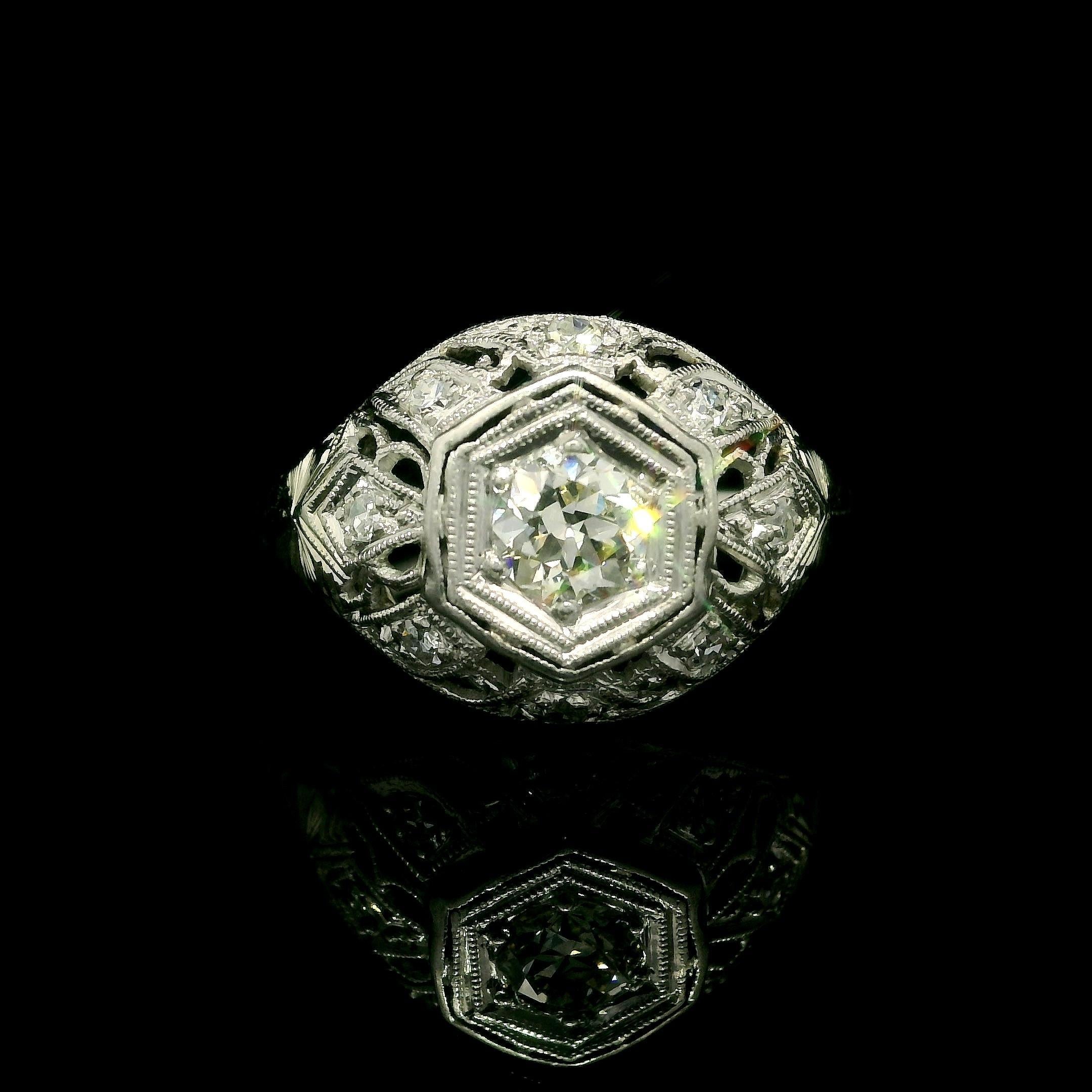 Antique Art Deco White Gold & Platinum Old Cut Diamond Filigree Engraved Ring For Sale 7