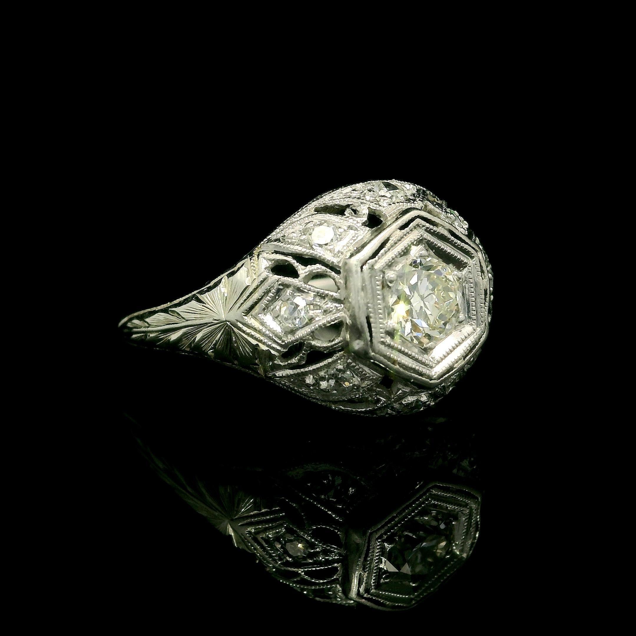 --Stone(s):--
(1) Natural Genuine Diamond - Old European Cut - Pave Set - I Color - VS1 Clarity - 0.25ct (approx.)
(8) Natural Genuine Diamonds - Old Single Cut - Pave Set - G/H Color - VS1/VS2 Clarity - 0.08ctw (approx.)
Total Carat Weight: 0.733