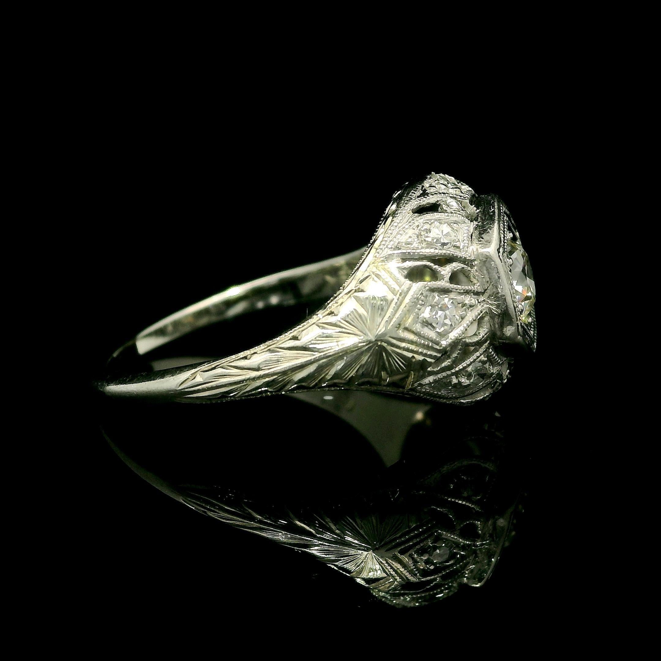 Old European Cut Antique Art Deco White Gold & Platinum Old Cut Diamond Filigree Engraved Ring For Sale
