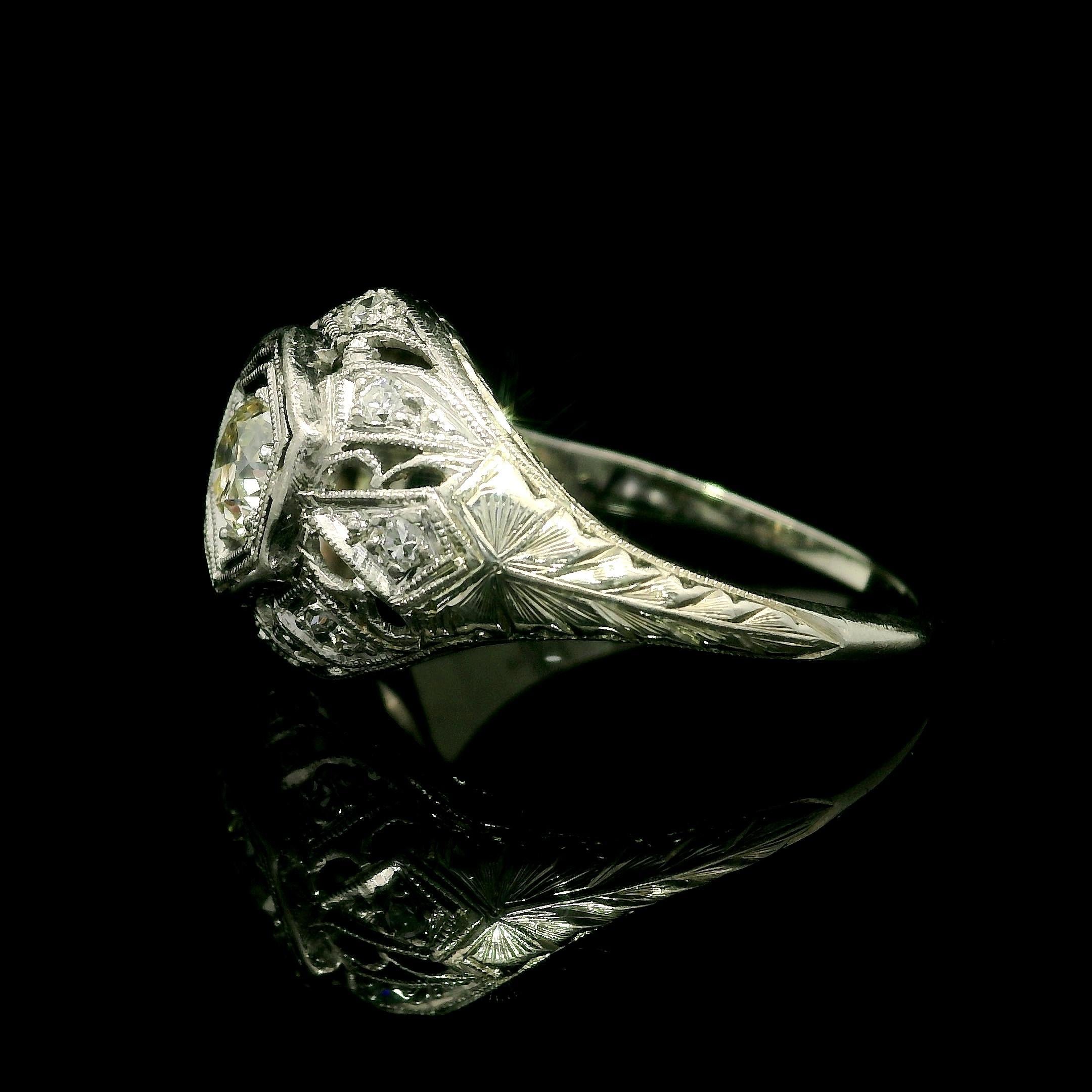 Women's Antique Art Deco White Gold & Platinum Old Cut Diamond Filigree Engraved Ring For Sale