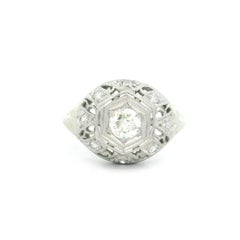 Antique Art Deco White Gold & Platinum Old Cut Diamond Filigree Engraved Ring