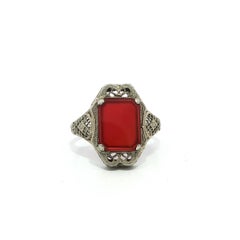 Antique Art Deco White Gold Rectangular Carnelian Filigree Crisp Detailed Ring