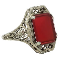 Antique Art Deco White Gold Rectangular Carnelian Filigree Crisp Detailed Ring