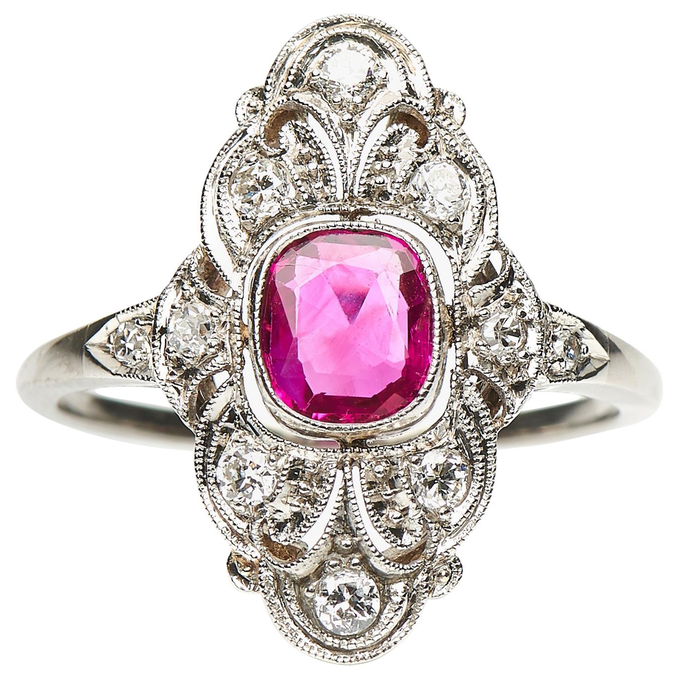 Antique, Art Deco, White Gold, Natural Burmese Ruby and Diamond Engagement Ring