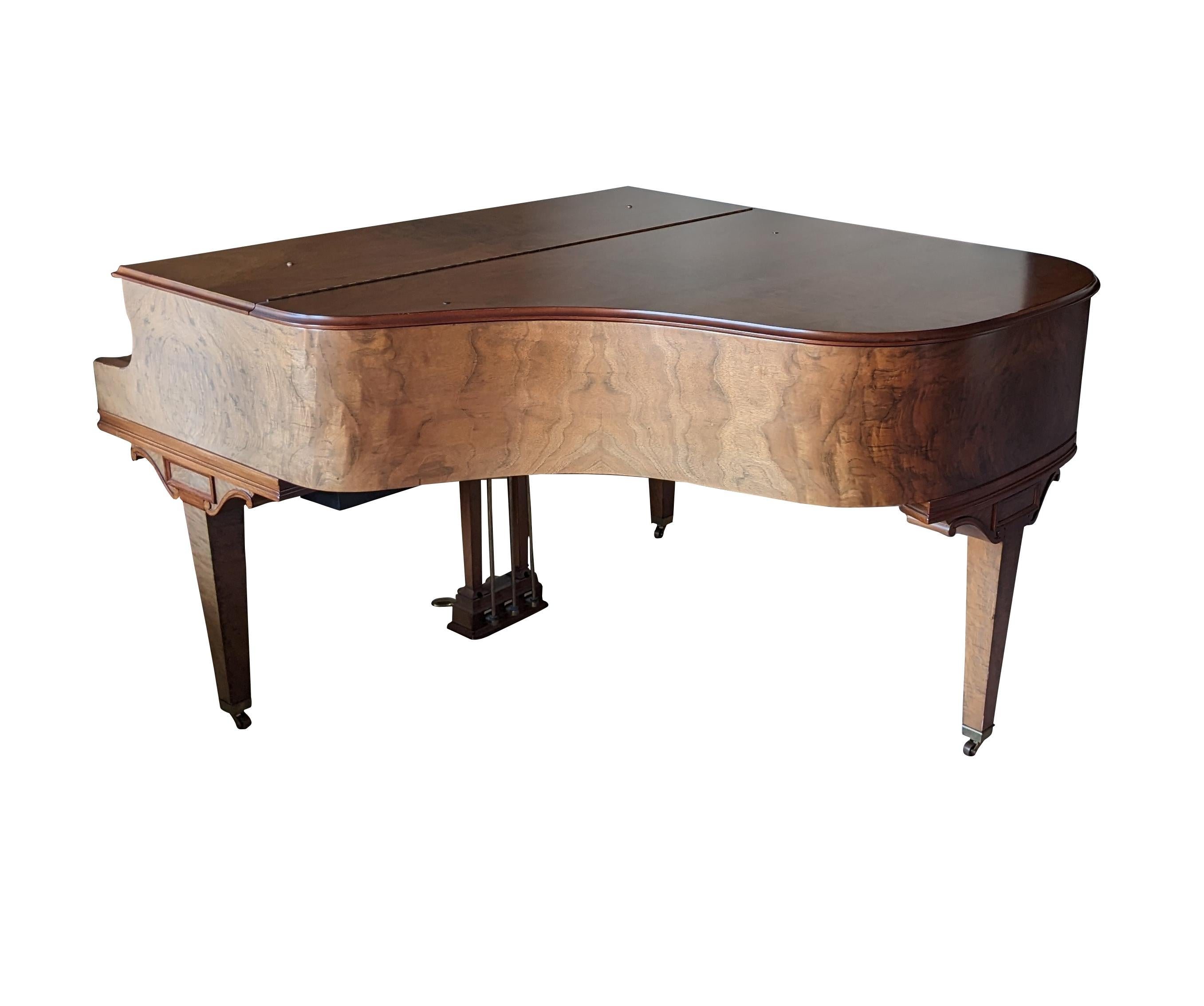 Antique Art Deco Wm. Knabe and Co. Crotch Walnut Baby Grand Player Piano & Bench In Good Condition In Dayton, OH