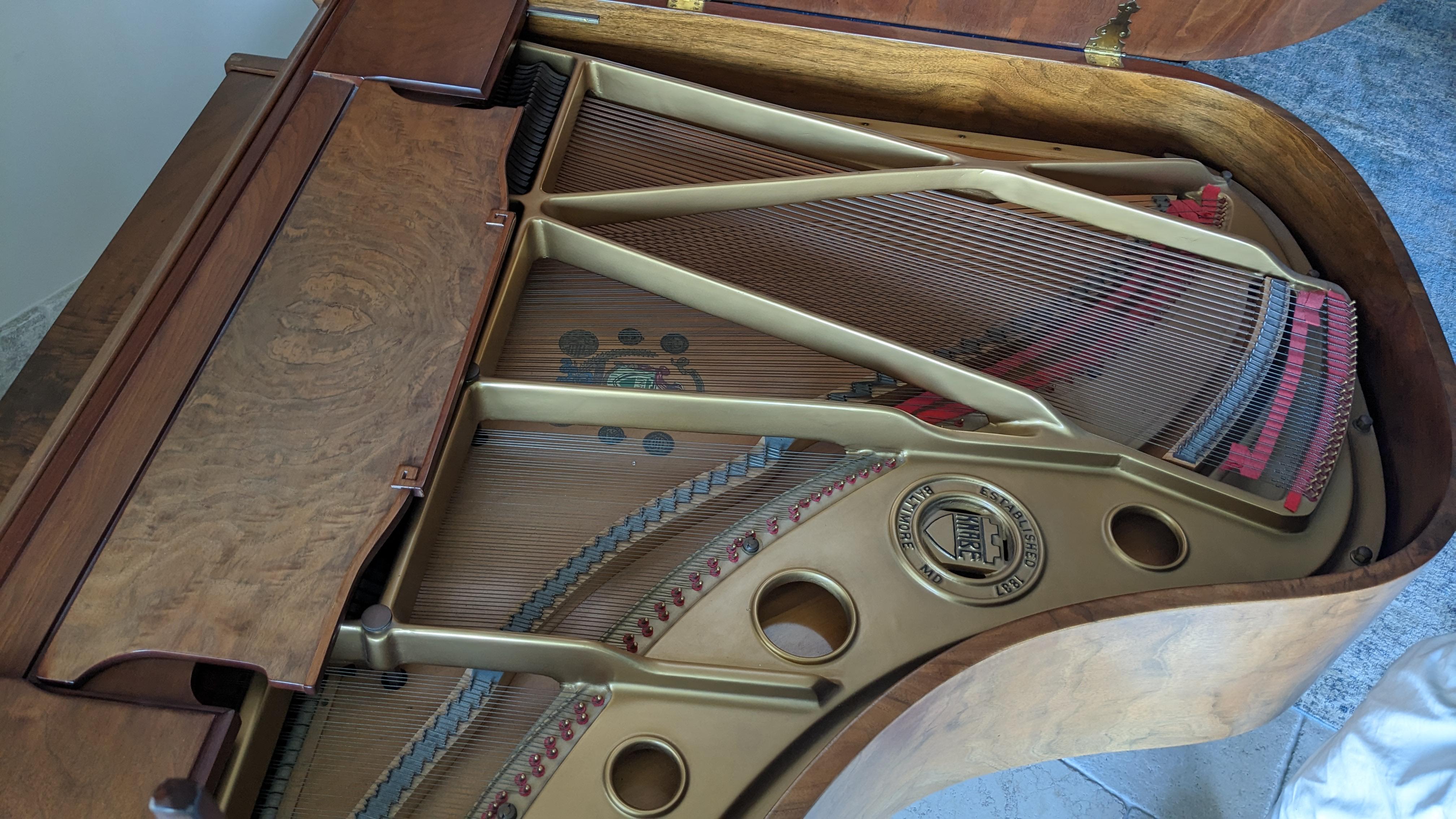 Mid-20th Century Antique Art Deco Wm. Knabe and Co. Crotch Walnut Baby Grand Player Piano & Bench