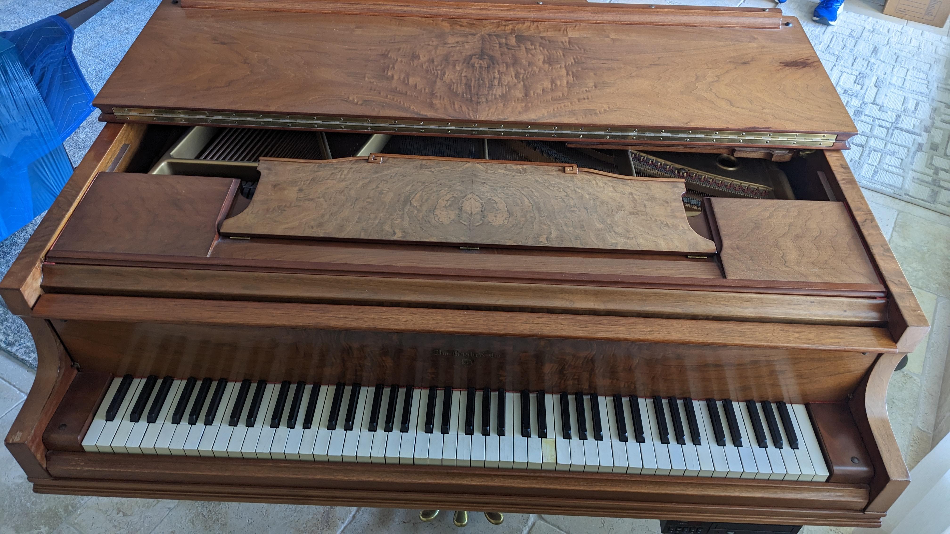Antique Art Deco Wm. Knabe and Co. Crotch Walnut Baby Grand Player Piano & Bench 3