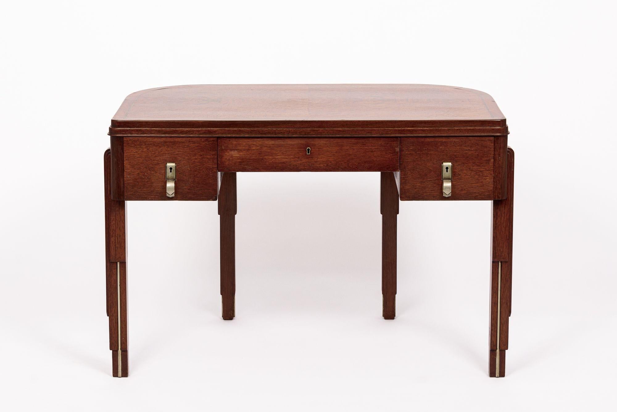 Français Bureau demi-lune Art déco ancien en bois et ébénisé, années 1930