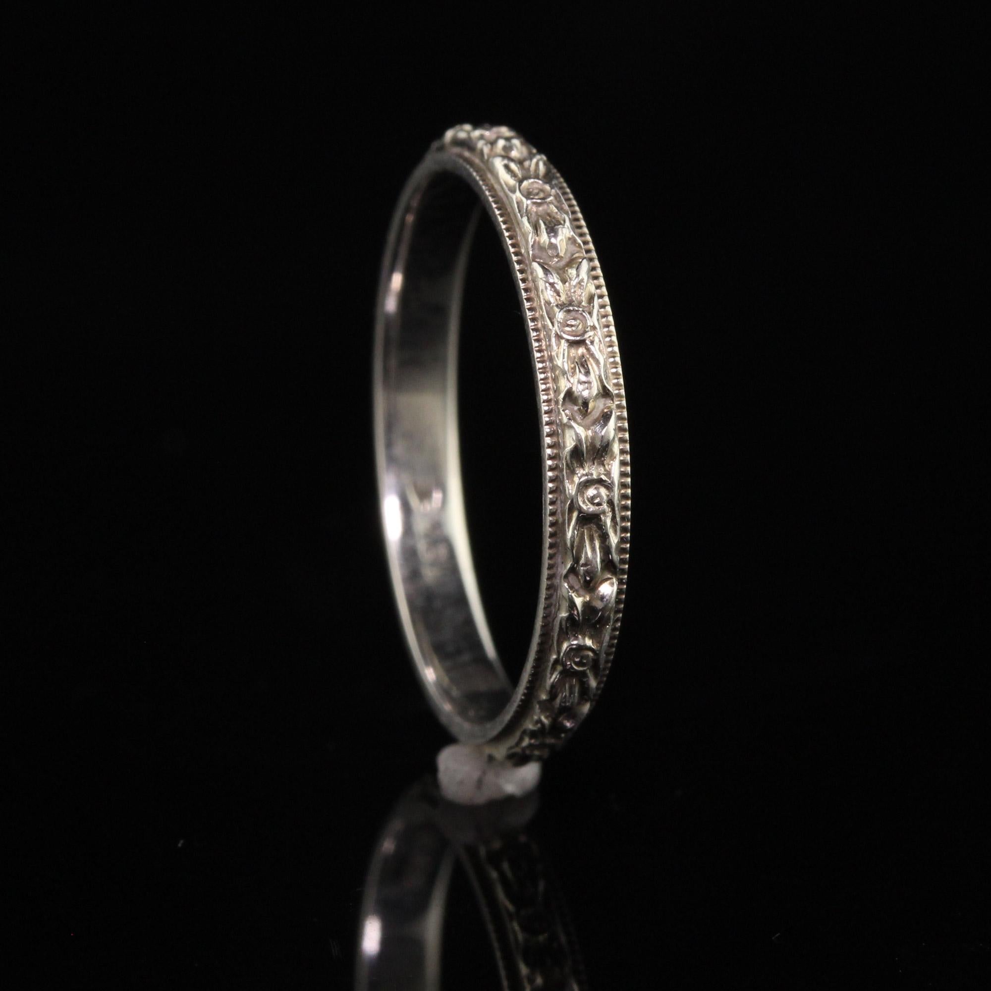 Antique Art Deco Wood and Sons 18K White Gold Engraved Blossom Wedding Band For Sale 1