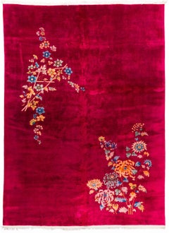 Antique Art Deco Wool Rug in Burgundy with Classic Chinese Floral Motifs