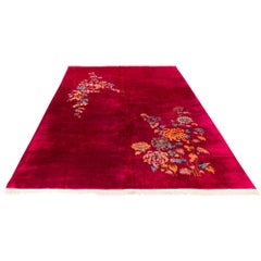 Antique Art Deco Wool Rug in Burgundy with Classic Chinese Floral Motifs