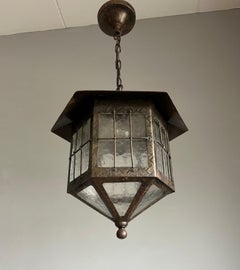 Antique Art Deco Wrought Iron & Cathedral Glass, Porch or Hallway Lantern
