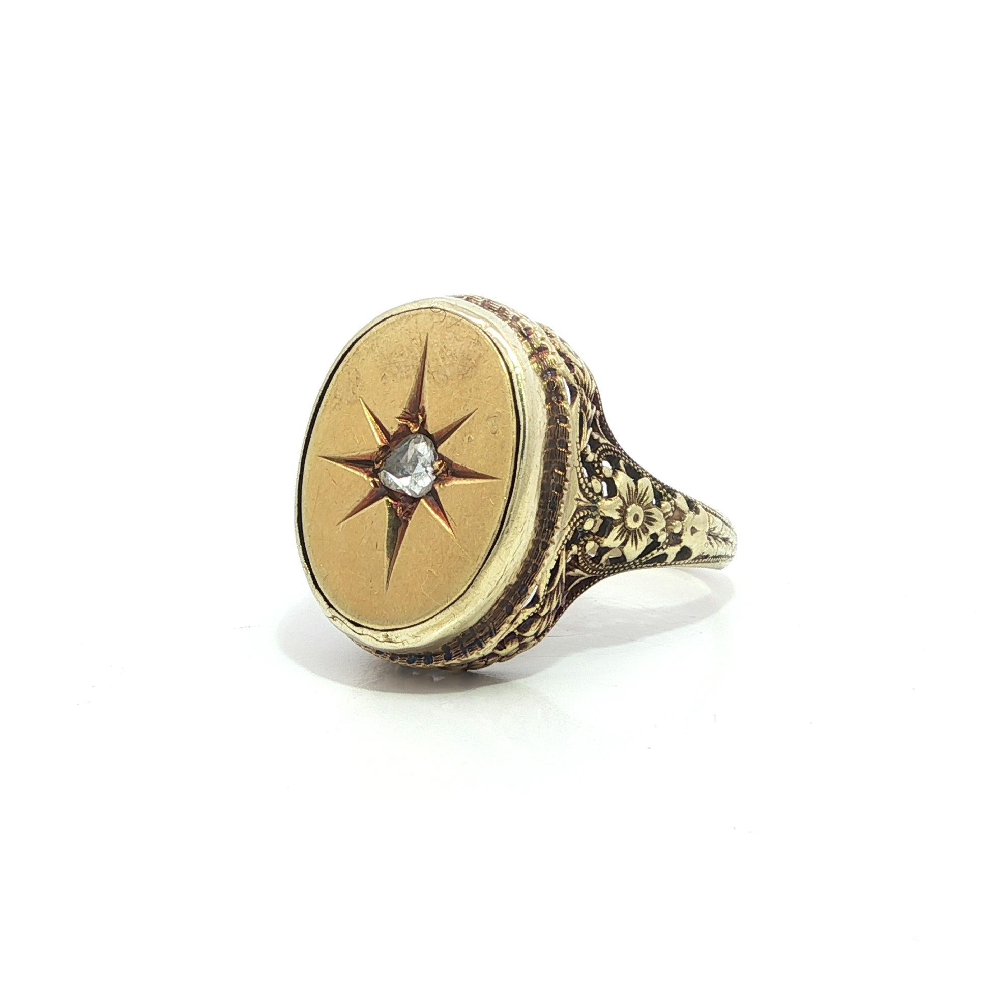 Bague en or jaune Arte Antiques 0.15ct Rose Cut Star Pave Diamond Filigree Bon état - En vente à Montclair, NJ