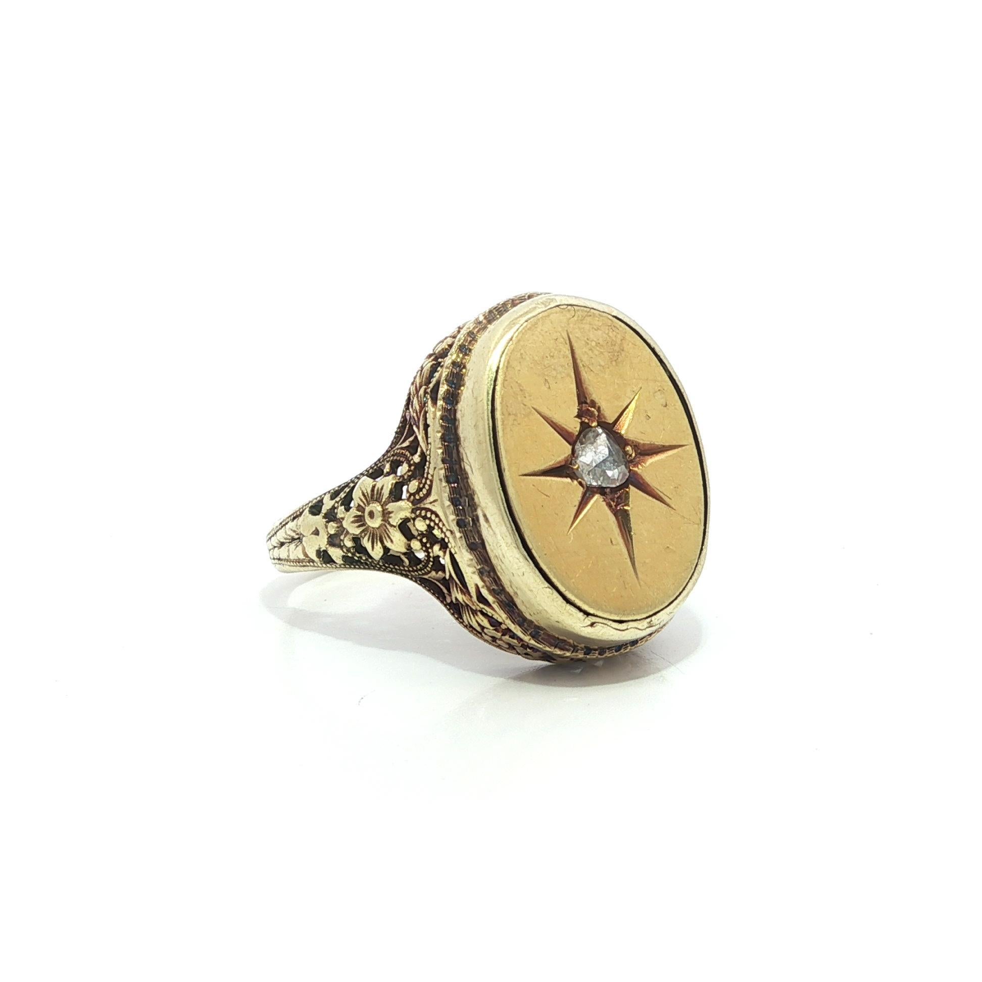 Bague en or jaune Arte Antiques 0.15ct Rose Cut Star Pave Diamond Filigree Pour femmes en vente