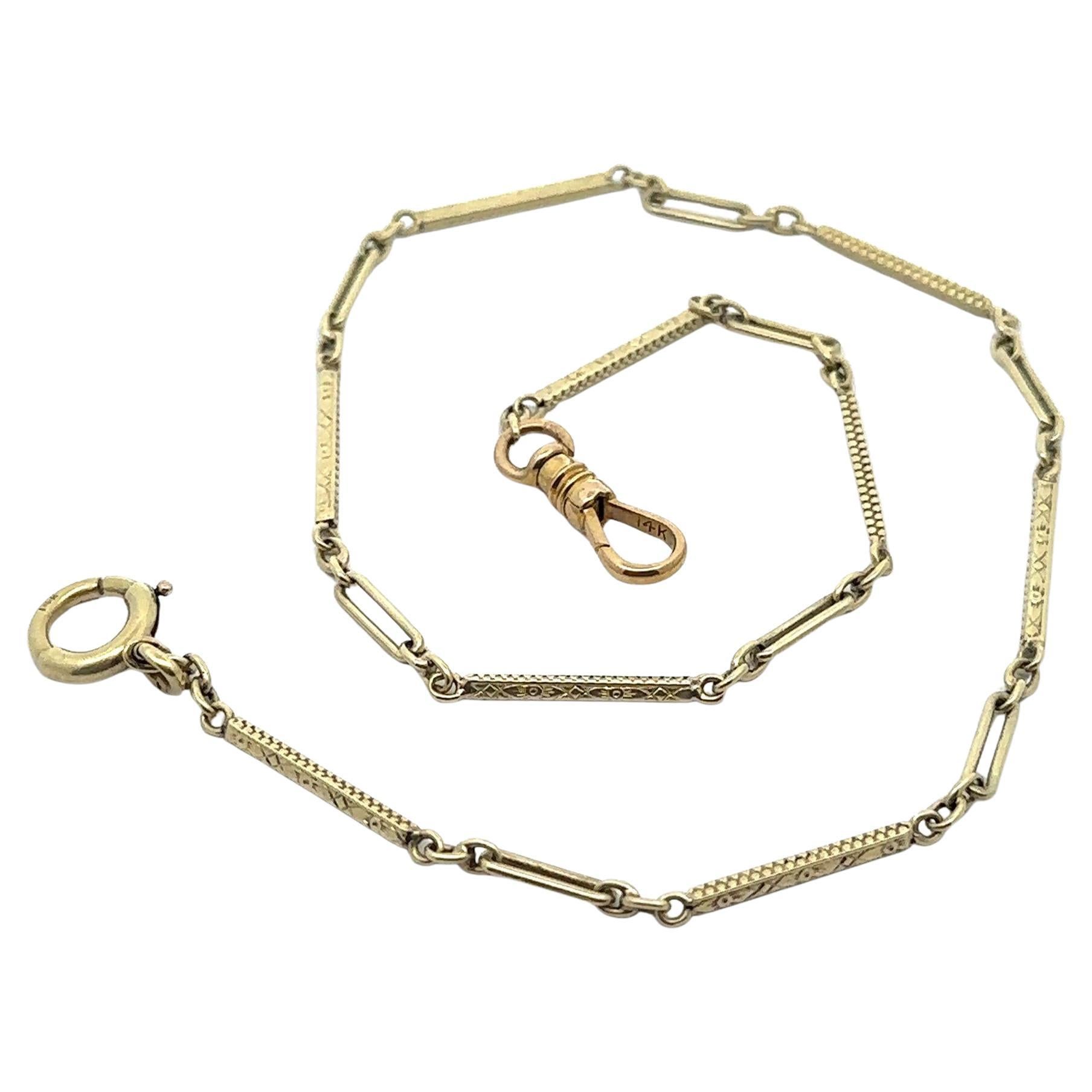 Antique Art Deco Yellow Gold Engraved 
Hand Etched Pocket Watch Chain