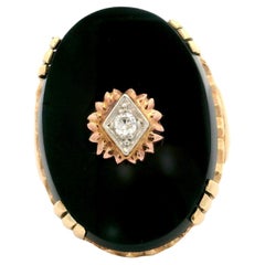 Antique Art Deco Yellow Gold Oval Black Onyx & Old Diamond Large Ring