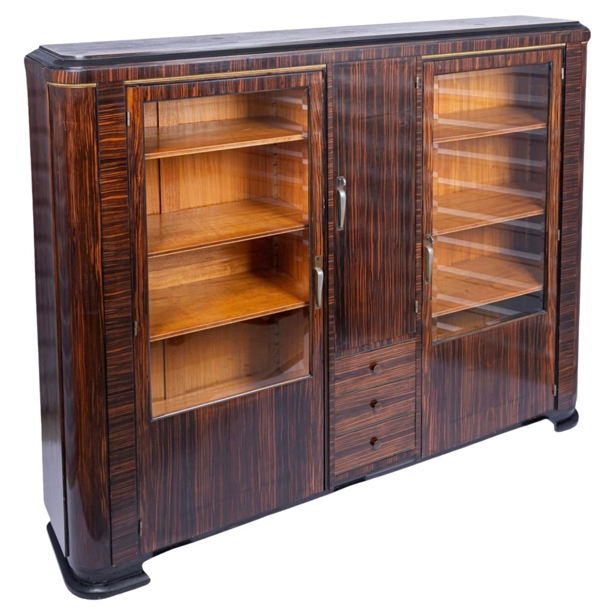 Antique Art Deco Zebra Wood and Beveled Glass Display Cabinet, 1930s