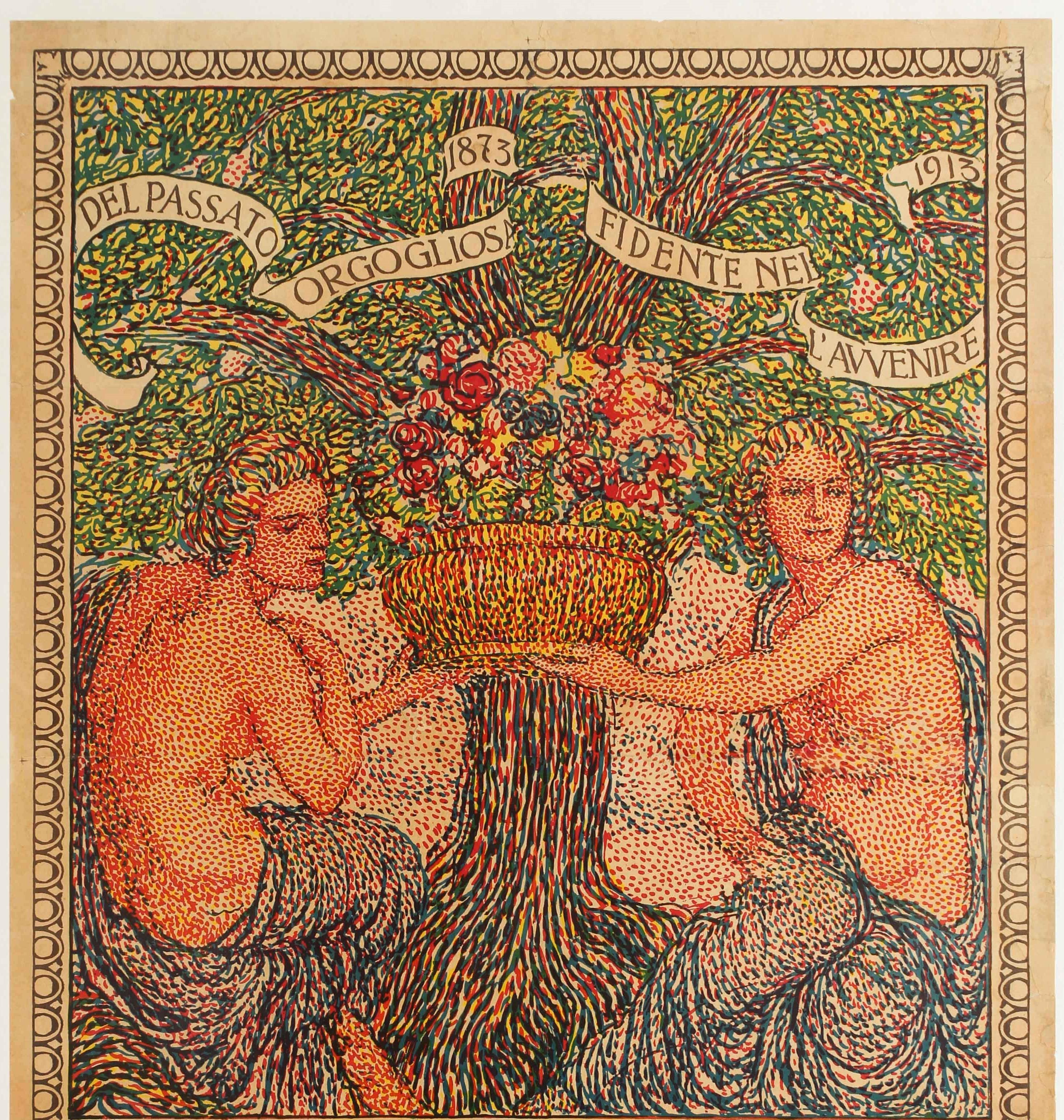Originales antikes Werbeplakat für die retrospektive Kunstausstellung zum 40. Jahrestag der Famiglia Artistica / Künstlerfamilie 1873 - 1913 in Mailand, die zeitgenössische Gemälde und Skulpturen von Künstlern der Mailänder Künstlerfamilie zeigte.