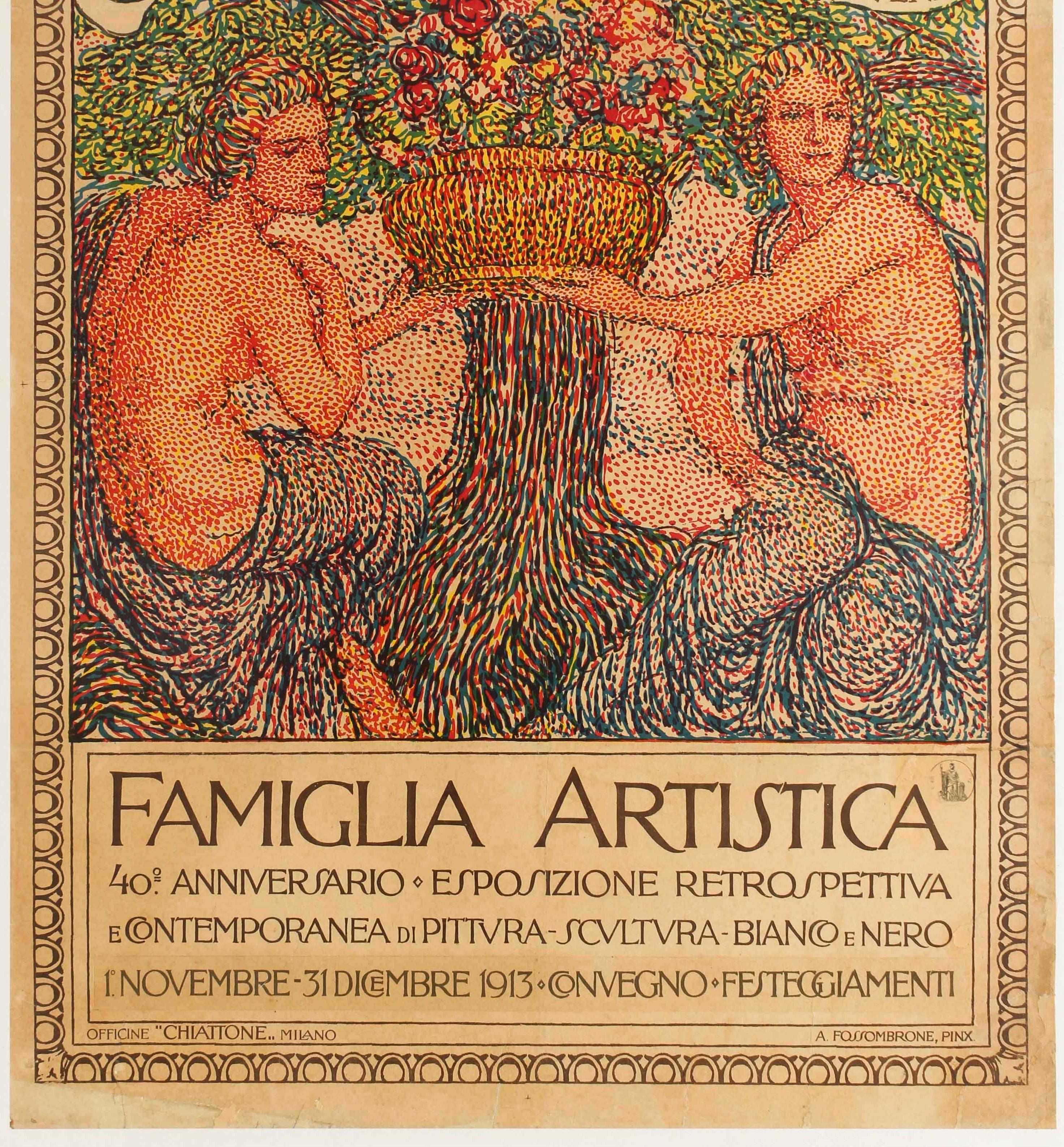 Italian Antique Art Exhibition Poster Famiglia Artistica Artistic Family Milan 1873 1913 For Sale