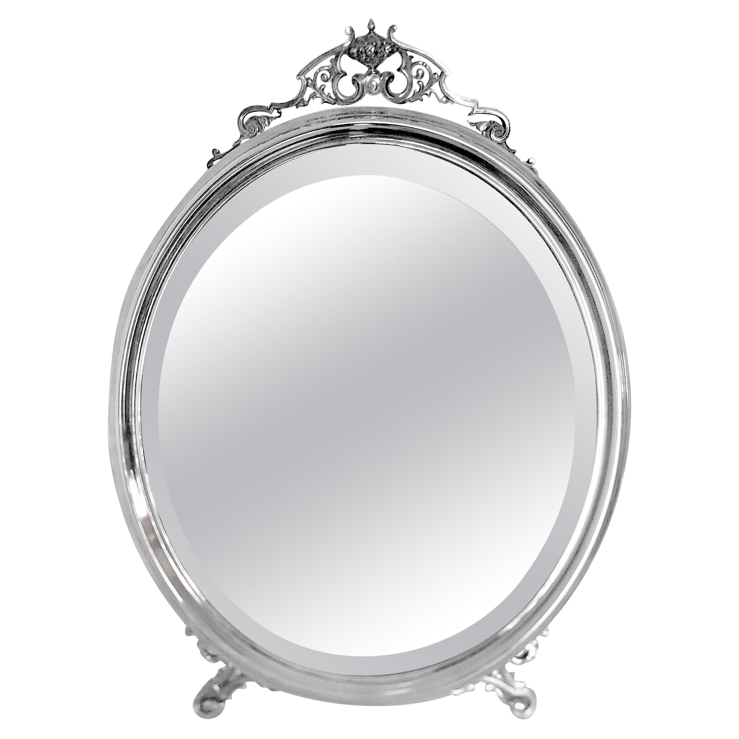 Antique Art Krupp Berndorf Silver Plated Oval Tilt Back Table or Vanity Mirror