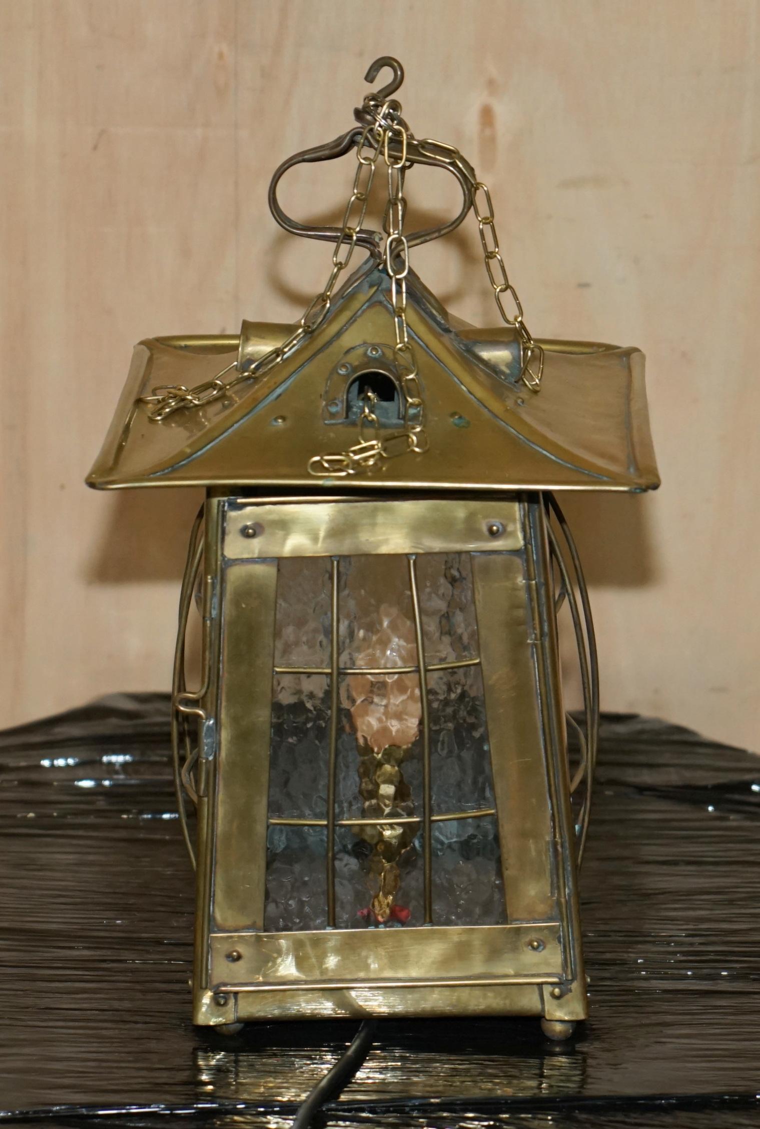 ANTIQUE ART NOUVEAU BRASS AND FROSTED GLASS HANGING LANTERN OR TABLE LAMp For Sale 10