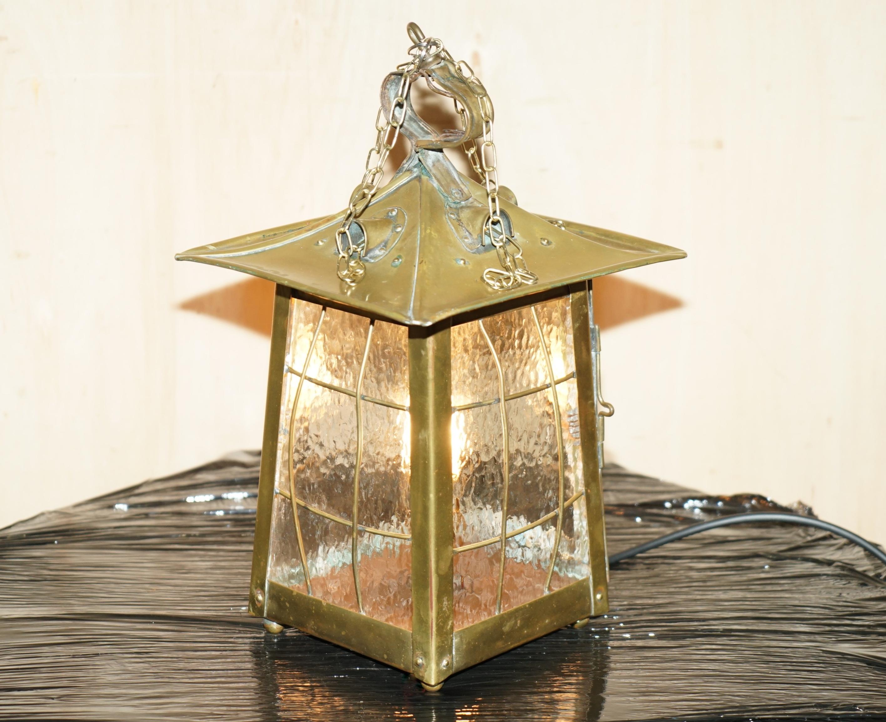 We are delighted to offer for sale this stunning antique original Art Nouveau brass hanging lantern which has been restored to use as a table lamp

A very good looking well made and decorative lamp, it has been fully serviced and restored as