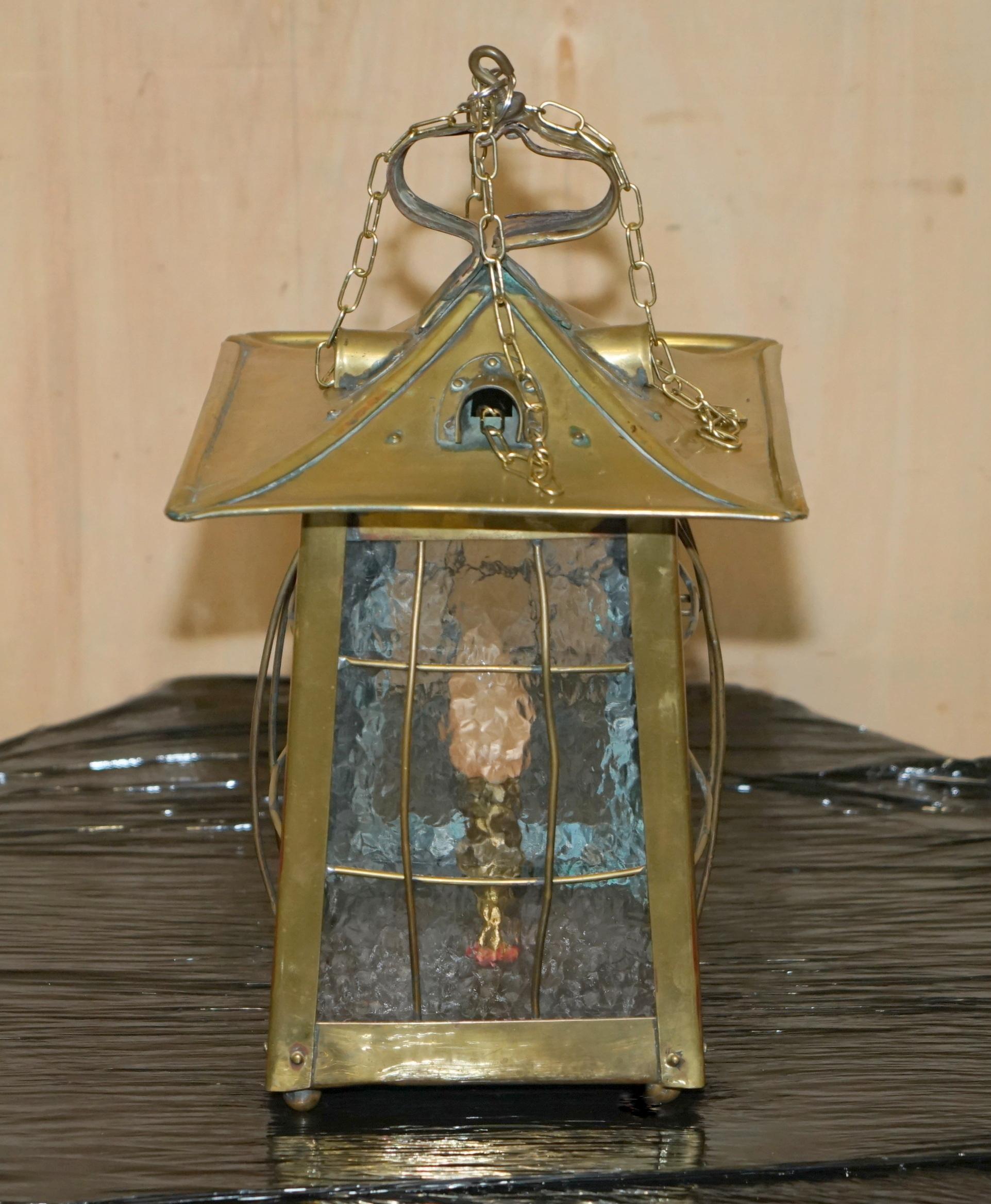 Art Nouveau ANTIQUE ART NOUVEAU BRASS AND FROSTED GLASS HANGING LANTERN OR TABLE LAMp For Sale