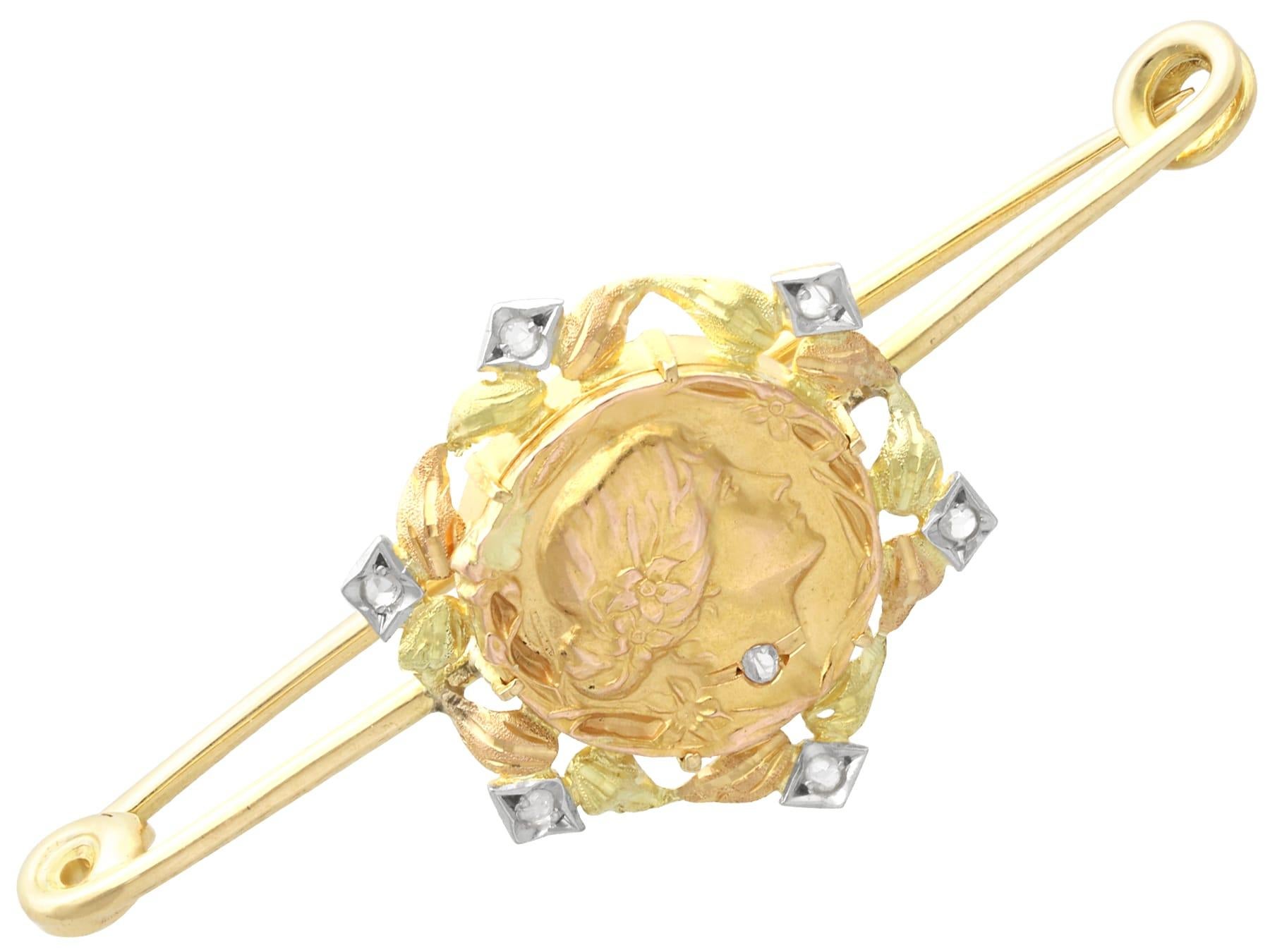 Antike Jugendstil-Barbrosche aus 21 Karat Gelbgold mit 0,13 Karat Diamanten (Alteuropäischer Brillantschliff) im Angebot