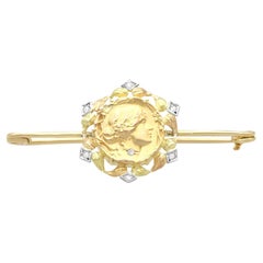 Antique Art Nouveau 0.13 Carat Diamond and 21K Yellow Gold Bar Brooch