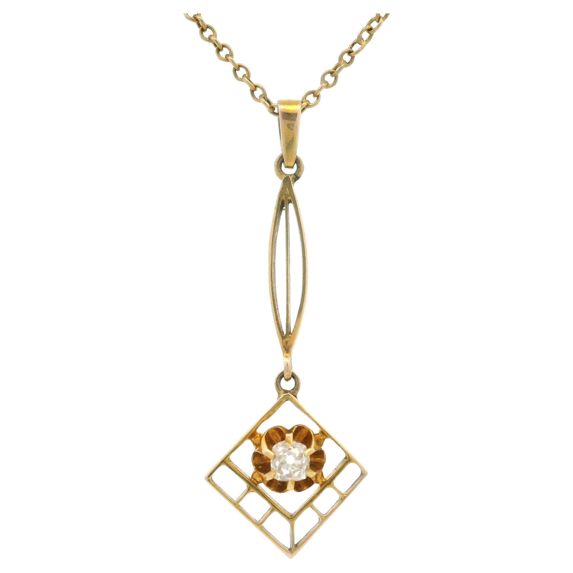 Collana con ciondolo geometrico Lavalier in stile antico Art Nouveau con diamanti da 0,15 ct.