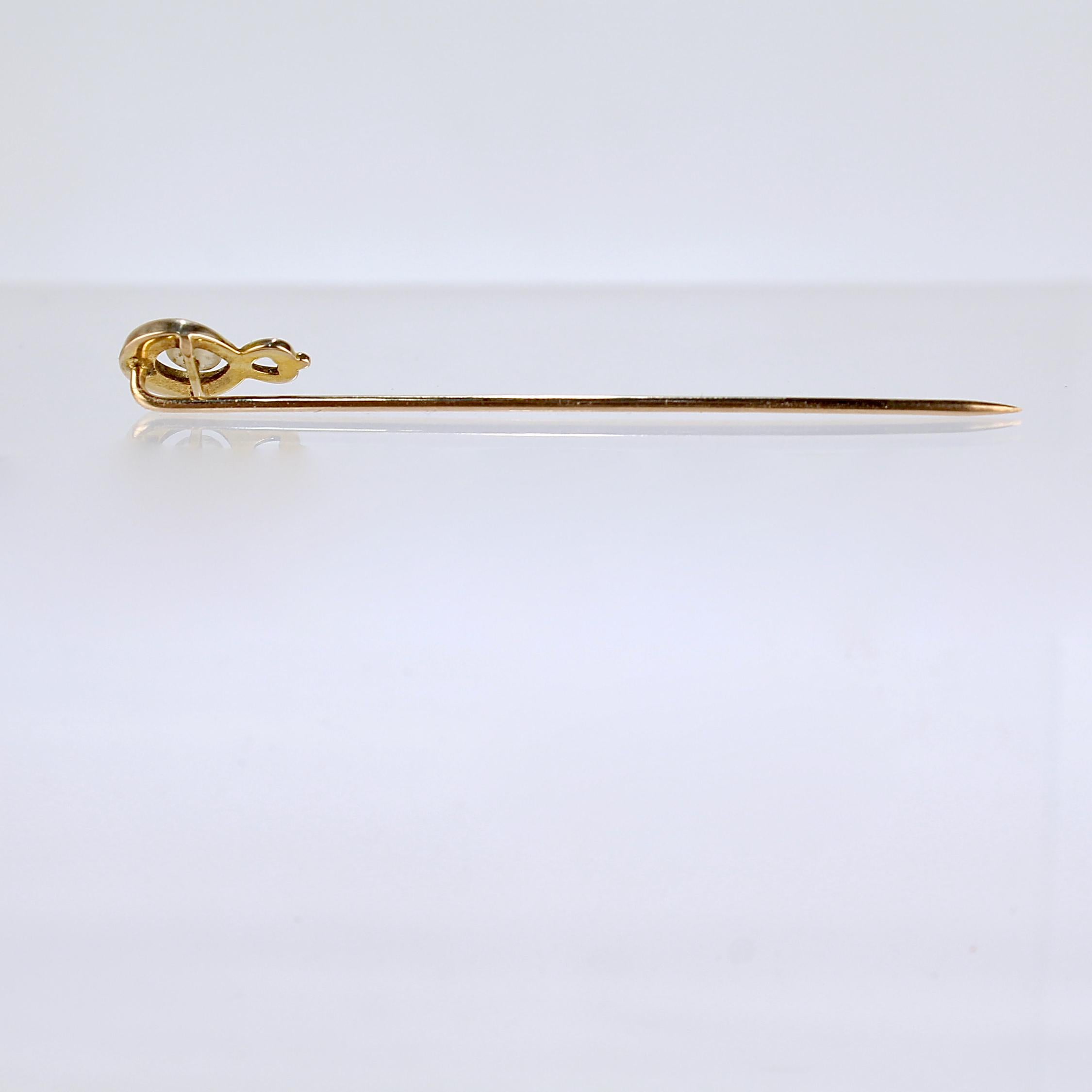 Round Cut Antique Art Nouveau 10 Karat Gold & Seed Pearl Stick Pin For Sale