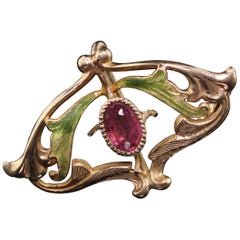 Antique Art Nouveau 10 Karat Yellow Gold Ruby and Enamel Brooch