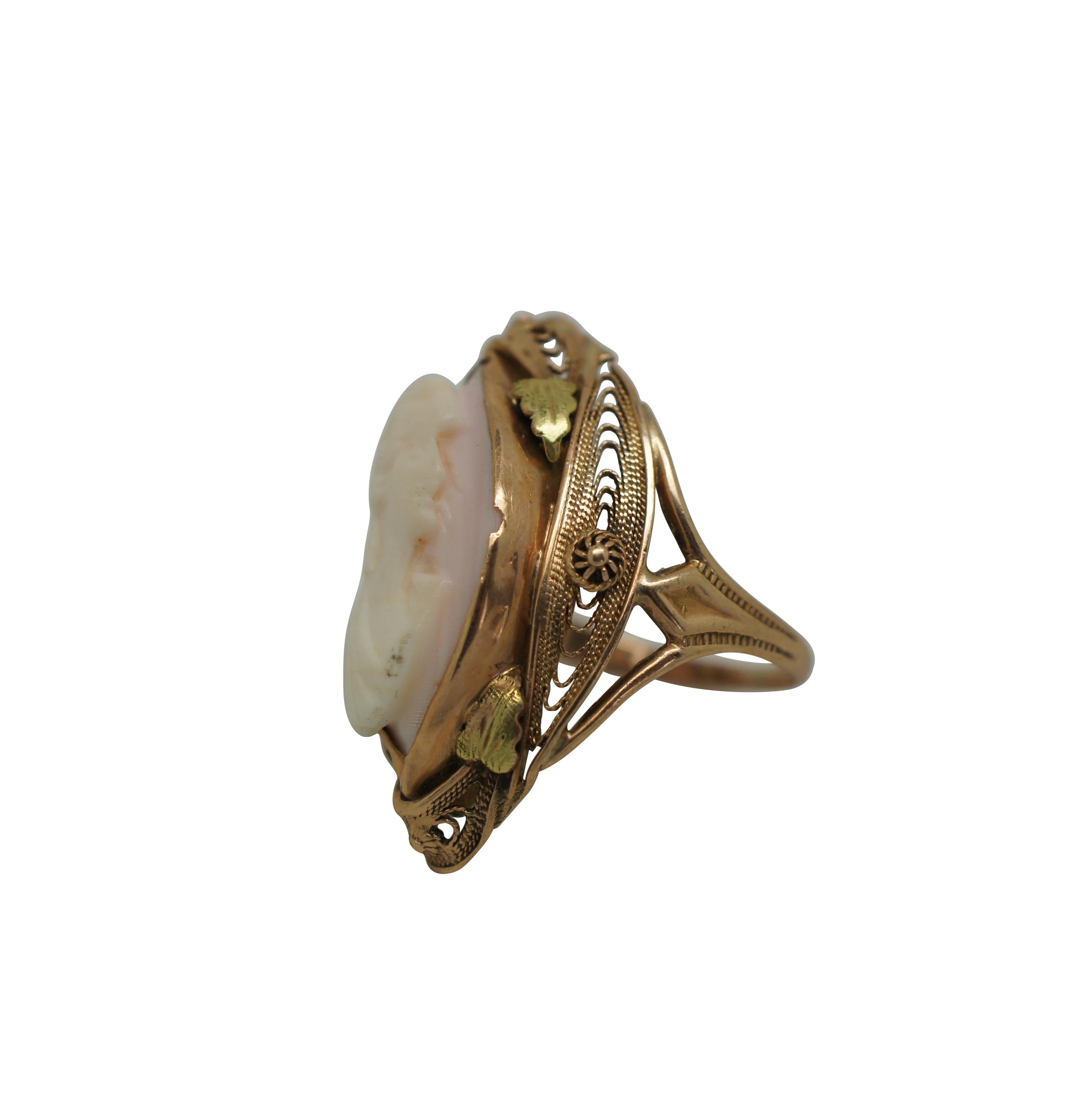 Antique Art Nouveau 10K Gold Filigree Marquise Shell Cameo Ring Size 5 In Good Condition In Dayton, OH