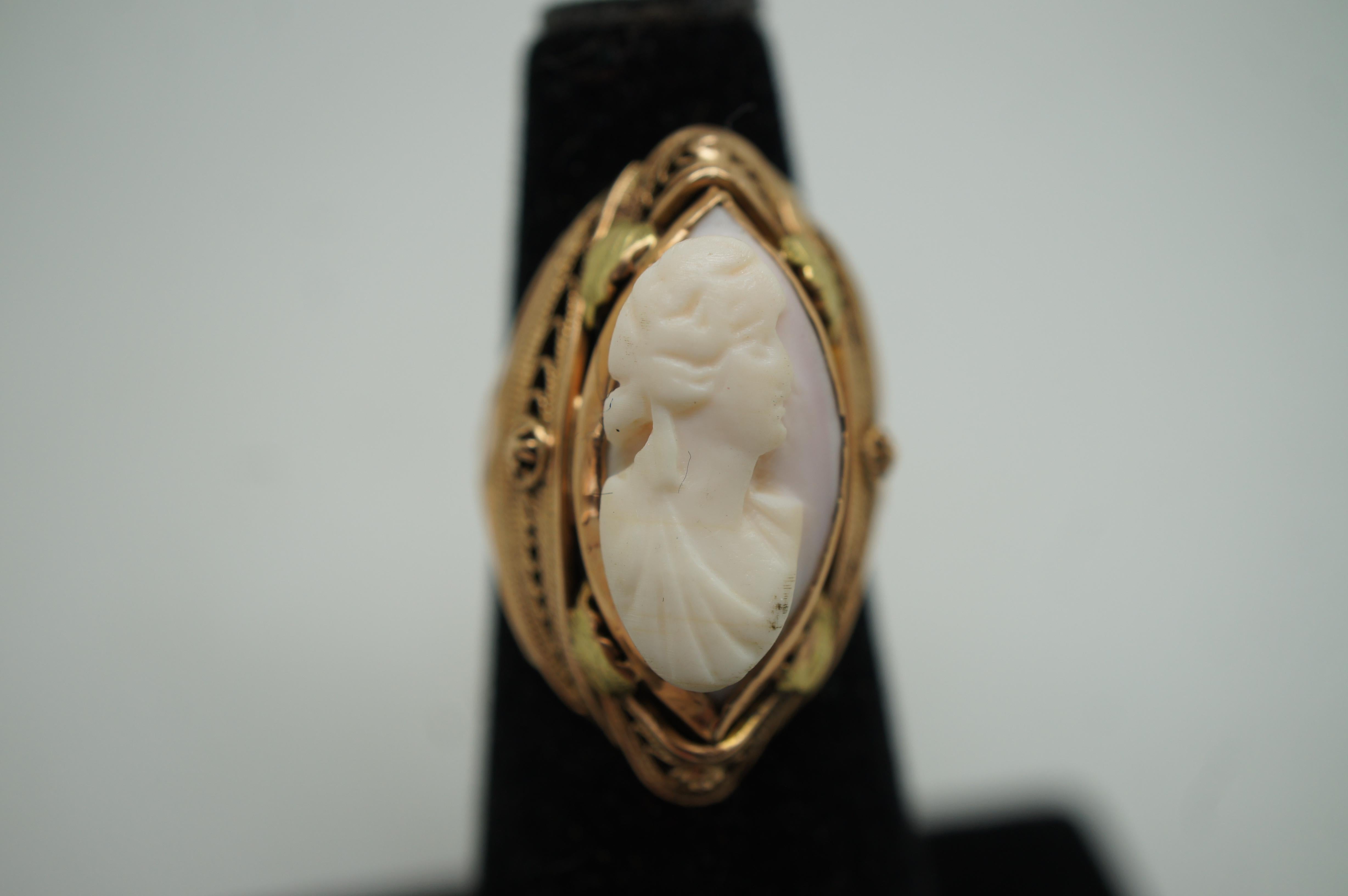 19th Century Antique Art Nouveau 10K Gold Filigree Marquise Shell Cameo Ring Size 5