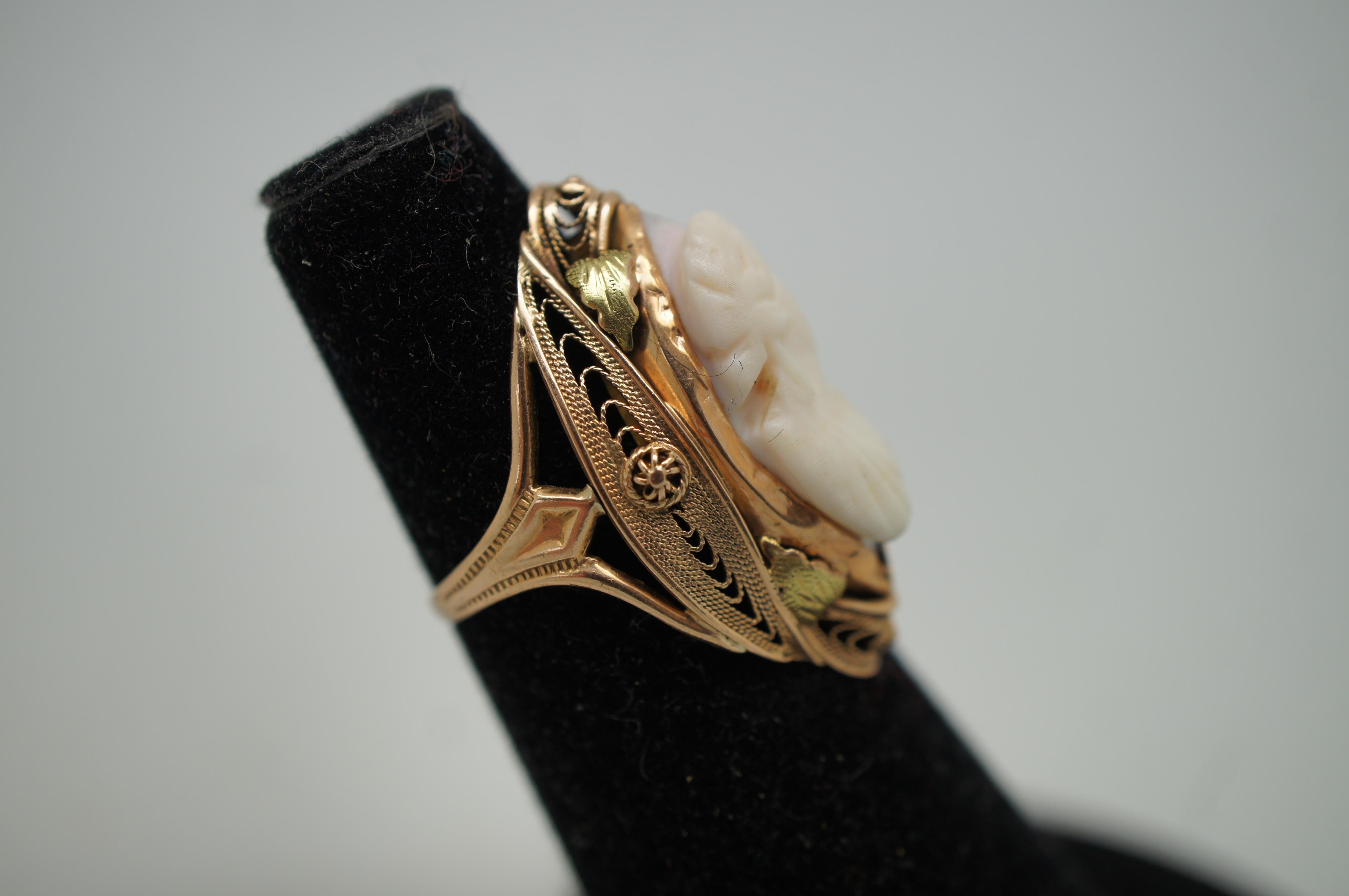 Antique Art Nouveau 10K Gold Filigree Marquise Shell Cameo Ring Size 5 1