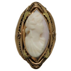 Antique Art Nouveau 10K Gold Filigree Marquise Shell Cameo Ring Size 5