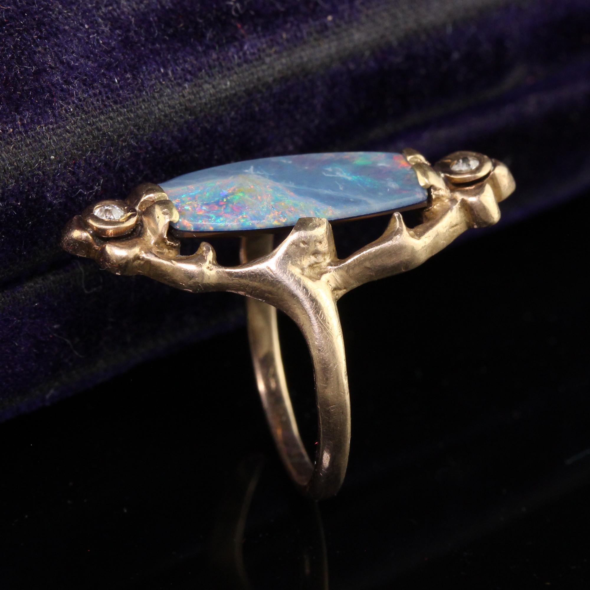 Uncut Antique Art Nouveau 10K Rose Gold Boulder Opal and Diamond Floral Ring For Sale