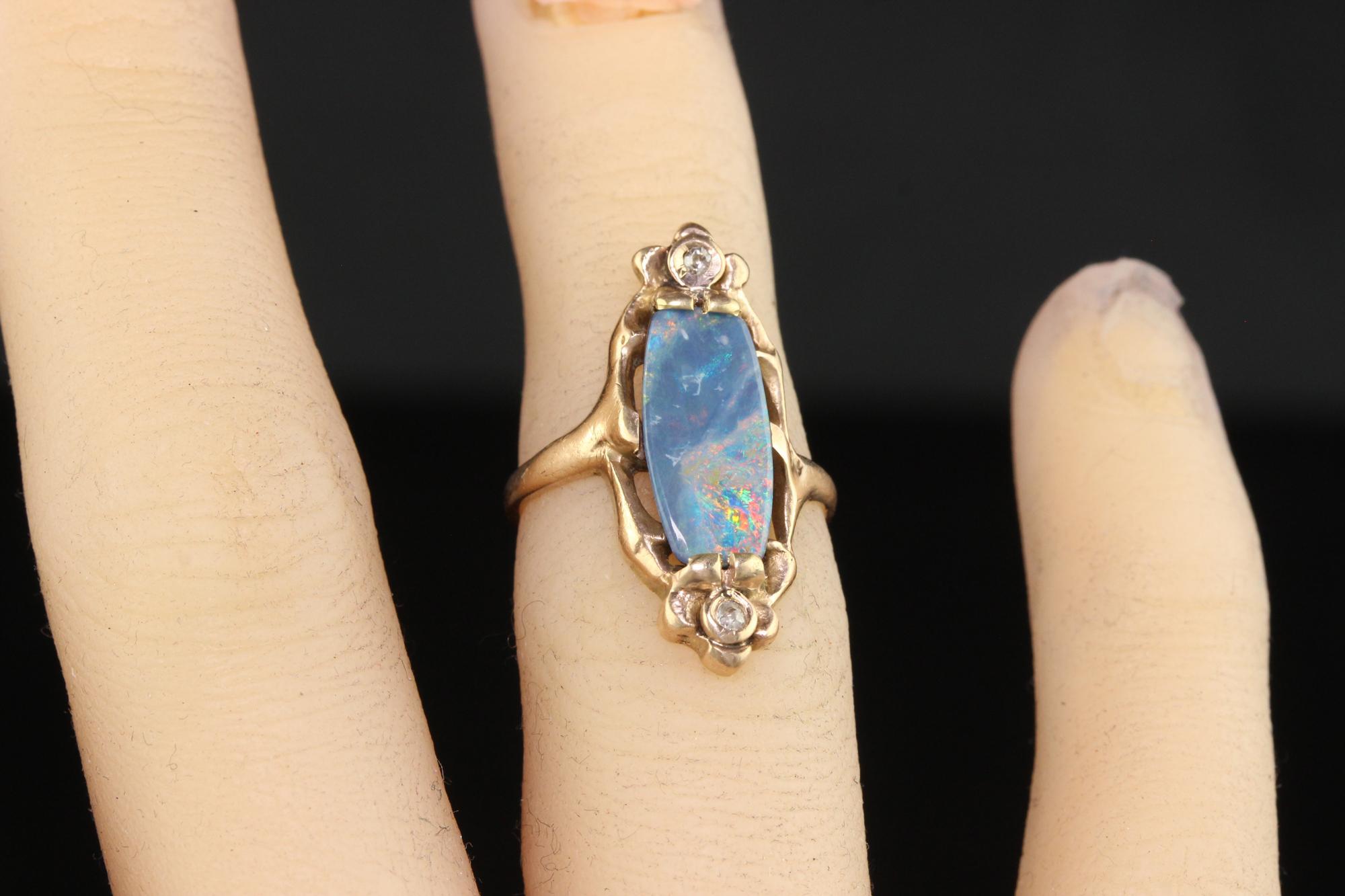 Antique Art Nouveau 10K Rose Gold Boulder Opal and Diamond Floral Ring For Sale 1