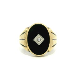 Antique Art Nouveau 10k Yellow Gold Black Onyx Cubic Zirconia Men's Signet Ring